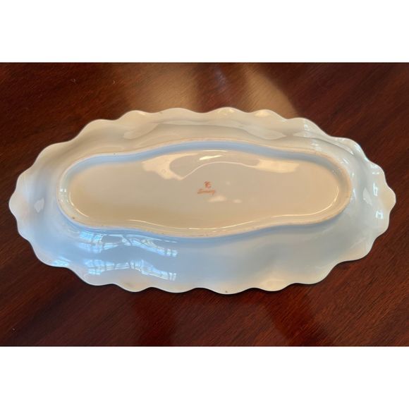 Vintage‎ Oval Oblong Serving Dish German Hand Painted Rose Gilt Ruffled Edge - Picture 5 of 6